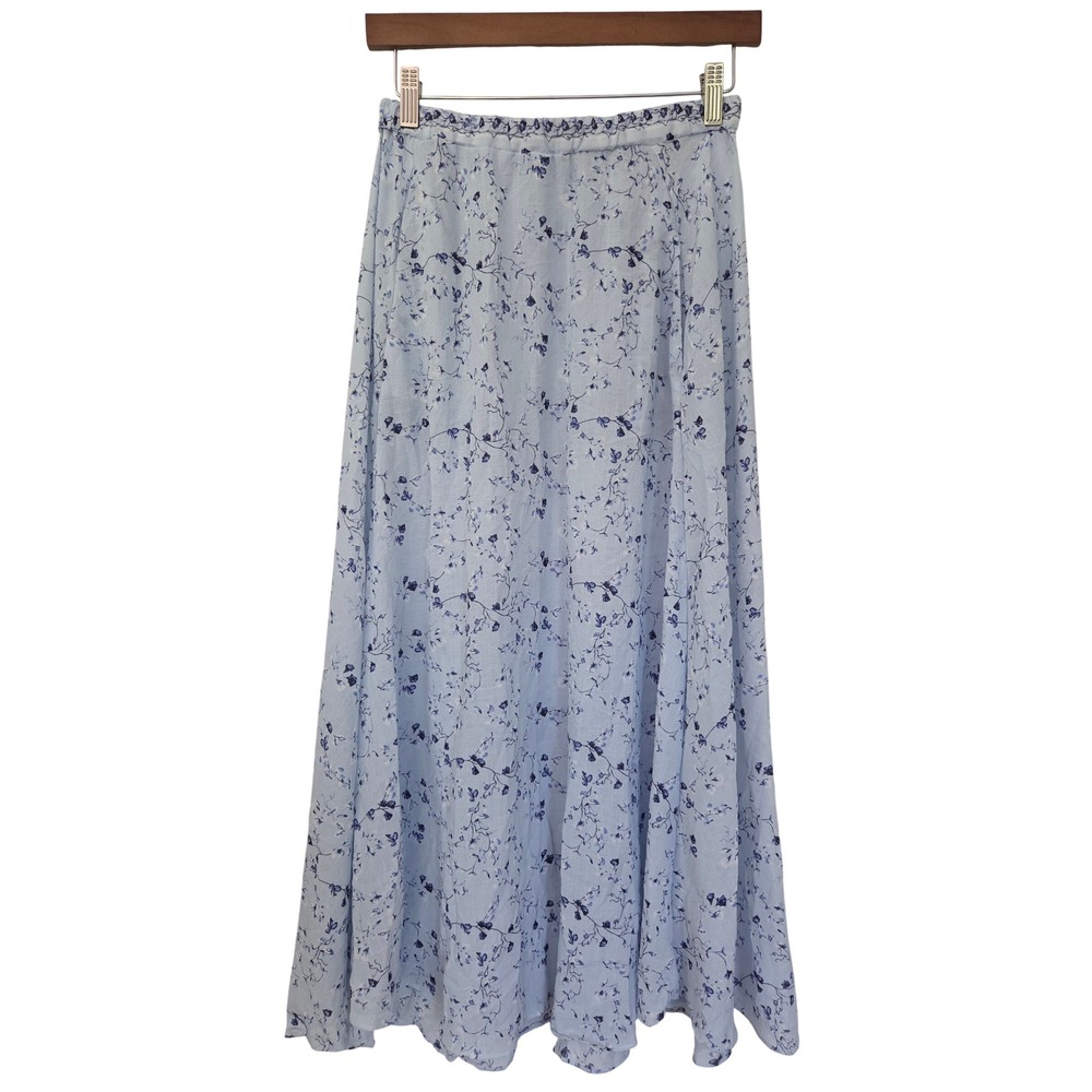 Max Studio Midi Skirt Textured Crepe Elastic Waist Women Small Blue Floral NWOT